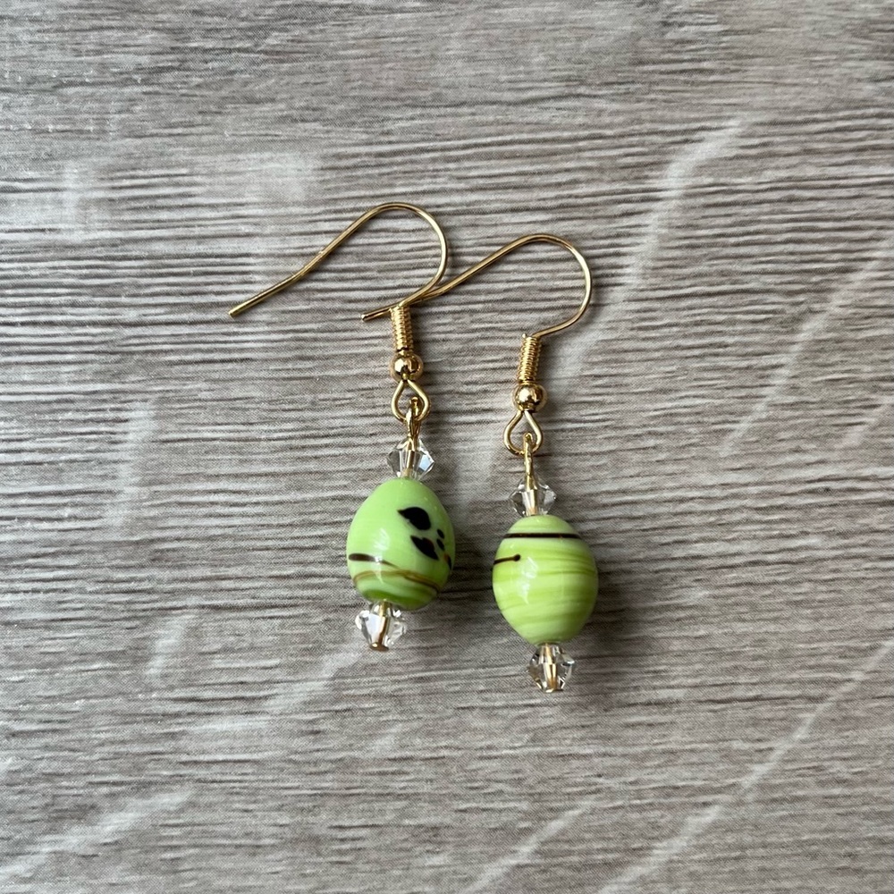 Gold Hook Earrings with Lime Green Glass Beads